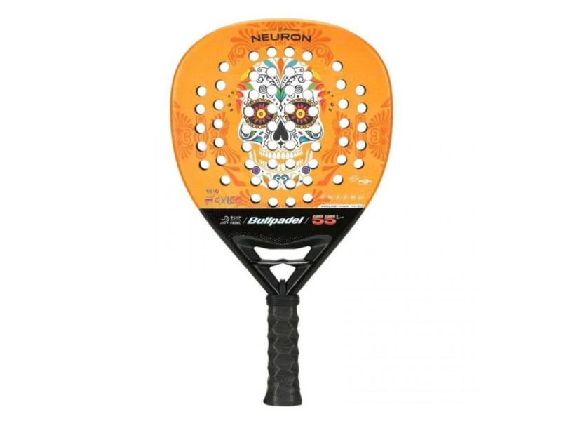 An orange Bullpadel Neuron racket with a Mexican skull design